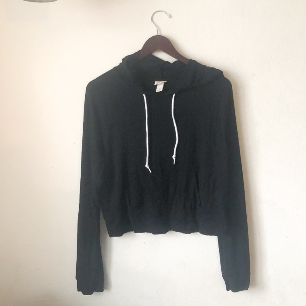 Black Crop Drawstring Jersey Hoodie